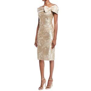 Teri Jon for Rickie Freeman - Off shoulder Gold Bow Cocktail Dress